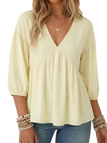Aotasely Women's Flowy Peplum Babydoll Tops 3/4 Length Puff Sleeve Shirts Trendy Casual Loose Fit Blouse V Neck Outfits Yellow