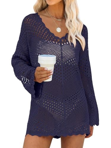 ANRABESS Swimsuit Cover Up for Women Crochet Bathing Suit Summer Swimwear V Neck Mesh Knit Dress 2026 Beach Vacation Clothes Large Navy Blue - Image 1