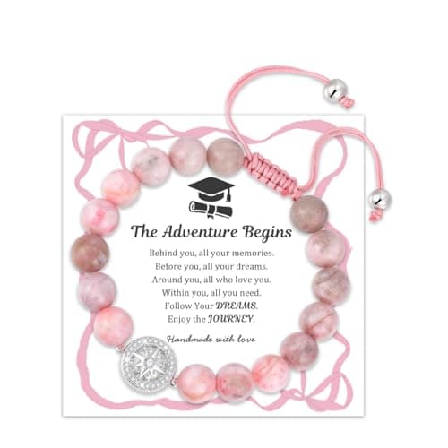 The Adventure Begins Graduation Bracelets for Her, Beaded Bracelets for Teens Girls-Adjustable Compass Bracelet,Pink Zebra Stone Inspirational Jewelry Graduation Gifts for Women Daughter Granddaughter - Image 1
