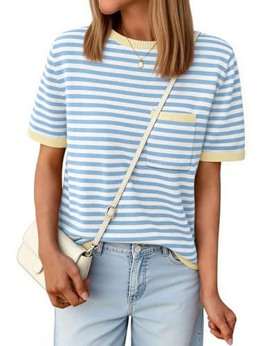 Aprolive Womens Striped Sweater Short Sleeve Knit Top with Lightweight Color Block Crewneck Shirts for Casual Summer Vacation(3-Apricot Blue,Medium) - Image 1
