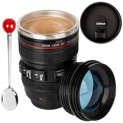 AMZHUB Camera Lens Coffee Mug,Travel Coffee Cup,Stainless Steel Lens Mug Thermos Camera Lens Mug with Lid and Spoon,Cool Gifts for Photographers Men and Women - Image 1