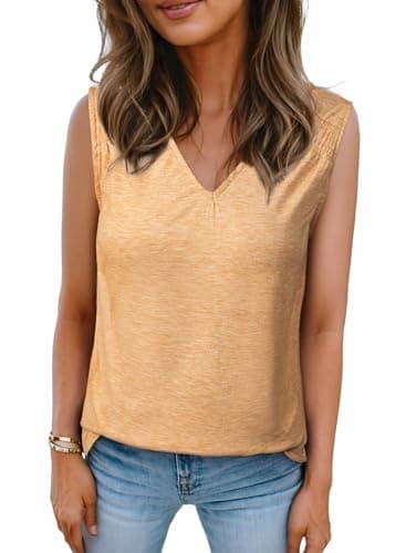 BLENCOT Tank Top for Women V Neck Pleated Business Summer Basic Loose Fit Camisole Trendy 2025 Sleeveless Blouse Beige XX-Large - Image 1