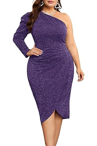 KIMCURVY Plus Size Homecoming Dresses for Wedding Guest One Shoulder Ruched Wrap Women's Club & Night Out Dresses Purple 16W - Image 1