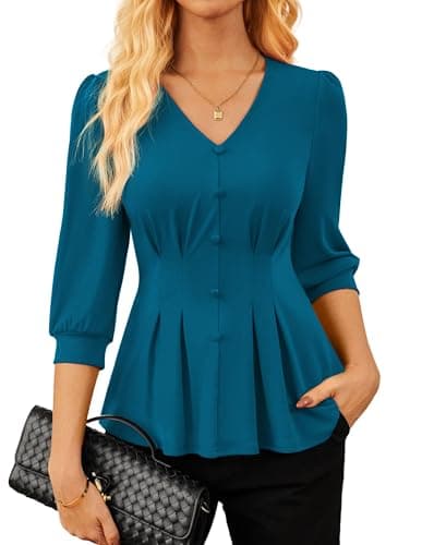 GRACE KARIN Women Business Casual Tops, 2026 Summer Trendy Dressy Blouses, 3/4 Sleeve V Neck Work Shirts Blue Small - Image 1