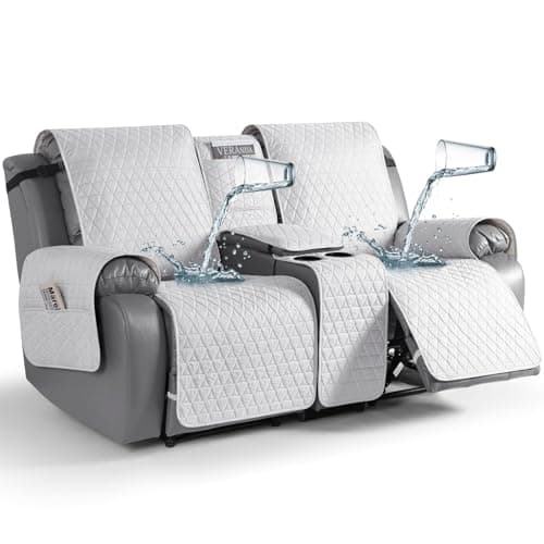 TAOCOCO 100% Waterproof Loveseat Recliner Covers with Console, Non Slip Recliner Covers that Stay in Place, Split Seat Design Washable Reclining Loveseat Cover with Elastic Straps, Off White - Image 1