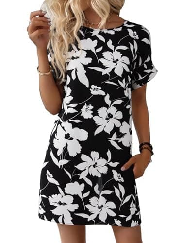 Wenrine Womens Summer Dress 2025 Floral T Shirt Dress Casual Cap Sleeve Crewneck Loose Boho Shift Mini Dresses