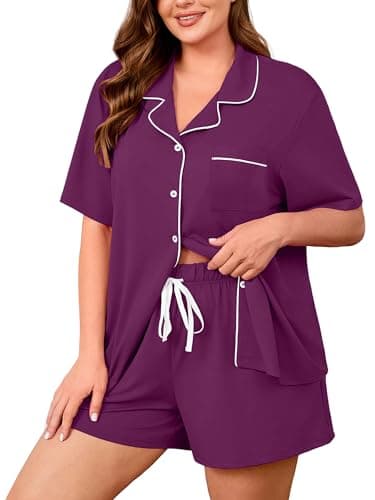 AusLook Plus Size Purple Pajama Set for Women Short Sleeve Button Down Sleepwear 2 Piece Loungewear with Pockets Notch Collar Drawstring Pajama Shorts Soft Comfy PJ 1X Set - Image 1