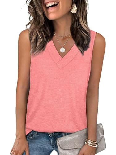 YESTTO Tank Tops for Women Summer V Neck T Shirts Sleeveless Tops Casual Loose Fit Basic Tees Women Blouses 2026 Fashion Coral - Image 1