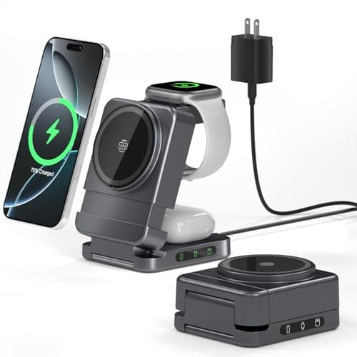 Wireless Charger 3 in 1, Foldable Charging Station for Apple Samsung Multi Devices Charging, Magnetic Charging Stand, Portable Travel Fast 15W Charger Station for iPhone, TWS, iWatch (Dark Gray)