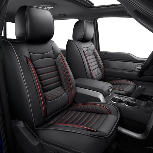 JIAMAOXIN Front Seat Covers for Ford F150 2009-2025 2026 and F250 F350 F450 2017-2025 2026: 2 Front Faux Leather Truck Seat Covers (2 PCS Front,Black&Red) - Image 1