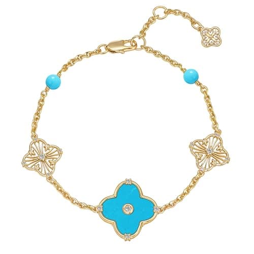 FETERO Gold Bracelets for Women Trendy, Dainty 14K Gold Plated Charm Clover Bracelet Turquoise Four Leaf Pendant Cute Beaded Bracelets Chain Waterproof Womens Jewelry Gifts - Image 1