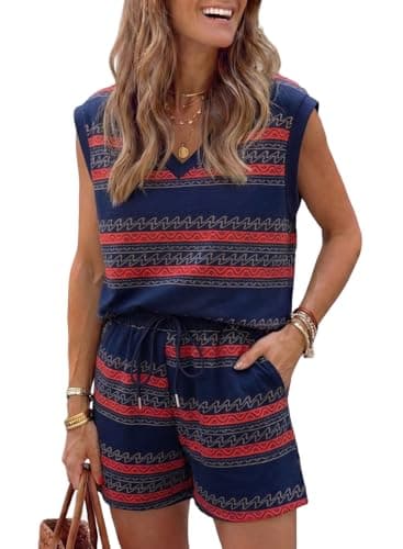Dokotoo Cute Summer Tops for Women Dressy Sleeveless Cute V Neck Shirts Casual Tie Waist Striped Shorts with Pockets 2 Piece Outfits for Women Blue Stripe XX-Large - Image 1