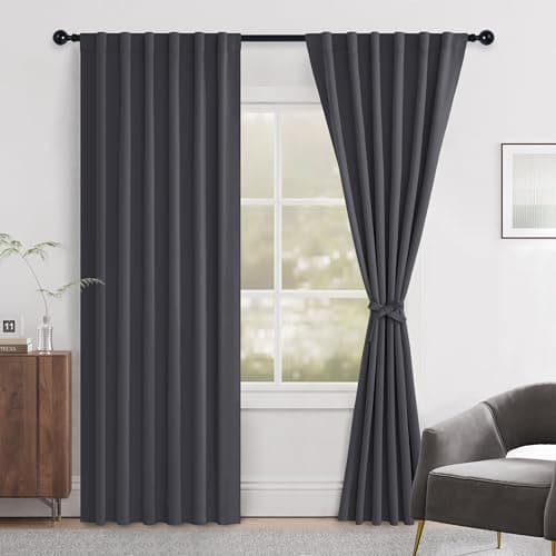 Hiasan Blackout Curtains for Bedroom Black Out Curtains 84 Inches Long for Living Room Rod Pocket Noise Reducing Window Treatment with Tiebacks,52" W X 84" L,Dark Grey,2 Pack - Image 1