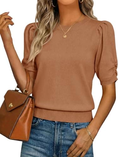 Saodimallsu Womens Puff Sleeve Sweater Tops Ruffle Crew Neck Dressy Casual Loose Knit Pullover Shirts Blouses Khaki - Image 1