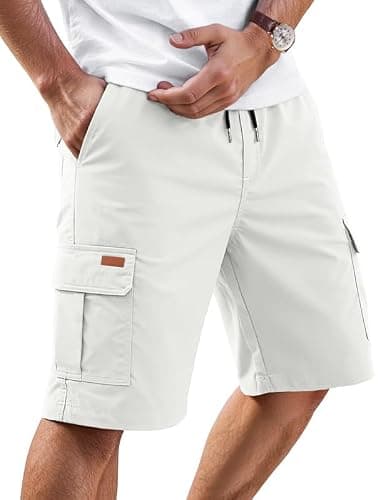 AUSELILY MEN Mens Cargo Shorts Drawstring 9 inch Casual Outdoor Work Relaxed Fit with Pockets White XL - Image 1