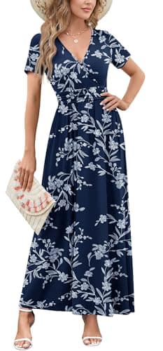WEACZZY Maxi Dresses for Women 2026 Casual Formal Floral Beach Travel Empire Pleated Waist Sundress Summer V Neck Short Sleeve Long Dresses with Pockets,White Navy,X-Large - Image 1