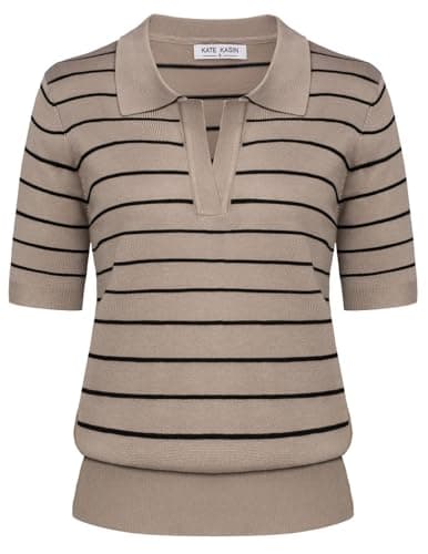 Kate Kasin Women Summer Striped Knitted Tee Shirt Casual Short Sleeve Ribbed Hem Sweater Tops Apricot Black M - Image 1