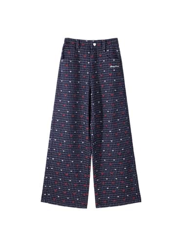 Girls Plaid Wide Leg Pants Retro Heart Pants Navy Blue Girls Trousers for Teens 6-16Y - Image 1