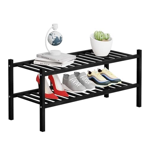 2 Tier Bamboo Shoe Rack Storage Organizer for Closet, Multifunctional Stackable Free Standing Shoe Shelf Organizer for Small Space,Entryway,Hallway,Bathroom 27"x11"x13" (Black, 2 Tier) - Image 1