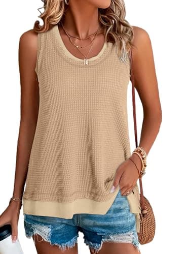BLENCOT Womens Tops Trendy Waffle Knit Summer Tank Tops Casual Sleeveless Tunic Cute Flowy Loose Shirts Khaki S - Image 1