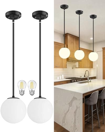 Majade Globe Pendant Lights Kitchen Island Mid Century Modern Pendant Light Fixtures 2 Pack 7.4 Inch Black Ceiling Lighting with Milk White Glass Shade Adjustable Hanging Light for Dining Room - Image 1