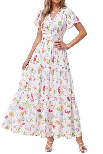 PRETTYGARDEN Women Summer Maxi Dresses 2026 Short Sleeve V Neck Button Floral Tiered Flowy Boho Sundress Beach Outfits(Floral White Multicolored,Medium) - Image 1