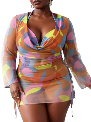 WODECASA Women's Plus Size 3 Piece Tropical Print Swimsuits Halter Triangle Bikini Set with Drawstring Semi Sheer Cover Up - Image 1