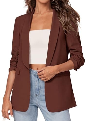 PRETTYGARDEN Women's 2026 Spring Blazers Business Casual Outfits Open Front Ruched 3/4 Sleeve Lightweight Work Suits Jackets (Red Brown,X-Small) - Image 1
