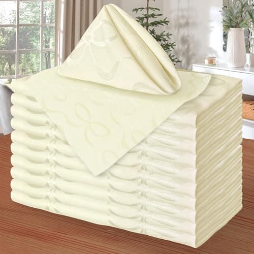 Cream Fabric Napkins Pack of 12 (18"x18") - Cotton & Polyester, Wrinkle/Fade Resistant - Dinner Jacquard Napkins Cloth Washable for Banquet, Party & Wedding, Champagne Bows - Image 1
