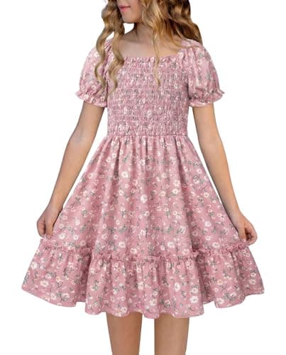 FREELYVE Girls Summer Floral Smocked Dress Square Neck Puff Sleeve Ruffle School Party Teen Sundress,Pink,8-9Y - Image 1