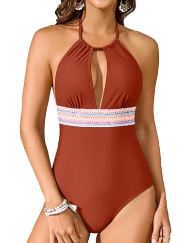 ZAFUL Tummy Control One Piece Swim Suit Halter Tie Back Cut Out Monokini Swimwear for Women Backless Swimsuit Caramel L - Image 1