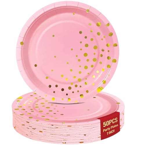 Pink Gold Paper Plates for Party, 7" Thickened Gold Dot Disposable Plates (50pcs), Birthday Cake Dessert Plates for Indoor/Outdoor Party Supplies&Decoration, Ideal for Birthday, Wedding, Baby Shower - Image 1