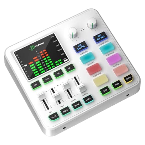 PUPGSIS Gaming Audio Mixer, Audio Interface for PC/Podcast/Streaming, Sound Board with 3.5mm/XLR Mic Input, 48V Phantom Power, Voice Changer, Live Sound Card with DJ Mixer Effects/Bluetooth(White)
