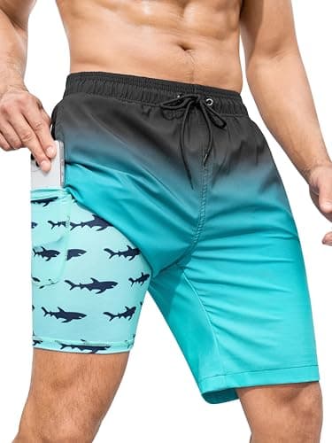 SILKWORLD Men's Swim Trunks with Compression Liner Quick Dry Bathing Suits 9 Inch Swimming Shorts with Zipper Pockets, Gradient-Black Green, Large - Image 1