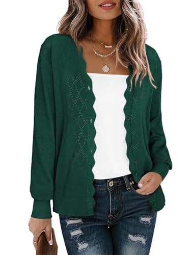LILBETTER Women's Long Sleeve Cardigan Button Down Sweater Lightweight Knit Shrugs(Dark Green X-Large) - Image 1
