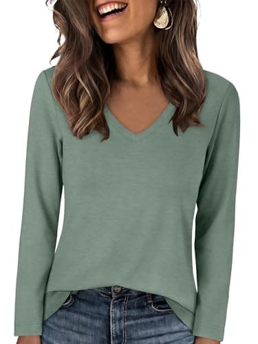 ANRABESS Women's Long Sleeve Shirts V Neck Top, Light Green, L - Image 1