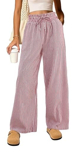 Dookttker Cotton Gingham Striped Pants Women High Waisted Ruffle Wide Leg Lounge Pajama Trousers with Pockets - Image 1