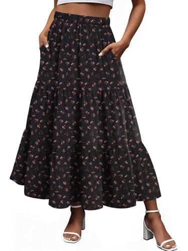 Magritta Women's Long Skirt High Waist Boho Maxi Skirt Floral Printed Long Flowy with Pockets Black Saffron XX-Large - Image 1