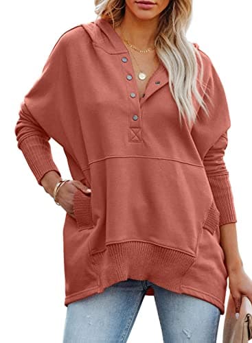 PRETTYGARDEN Womens Long Sleeve Casual Button V Neck Hoodies Oversized Pullover Sweatshirt Loose Hooded Tops with Pockets (Orange Pink,Medium) - Image 1