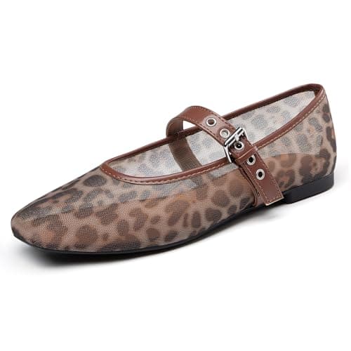 Rihero Leopard Mesh Ballet Flats for Women Square Toe Ballerina Shoes Comfortable Mary Jane Flats with Strap Size 6 - Image 1