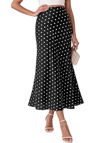 BTFBM Midi Skirts for Women 2026 Summer Spring Lightweight A Line High Waisted Wedding Guest Party Silk Long Skirt(Dot Black White, Medium) - Image 1