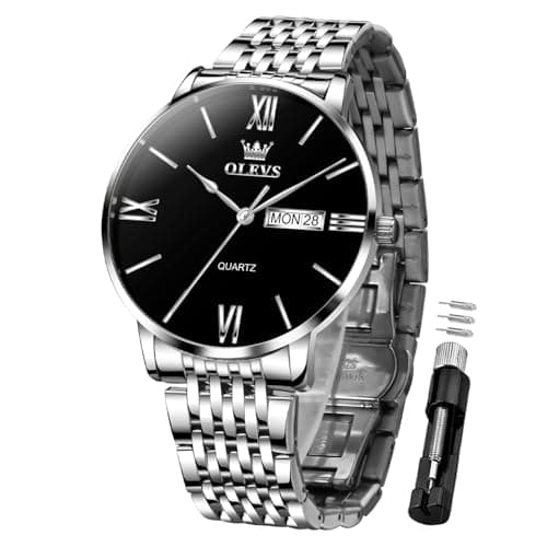 OLEVS Watches for Men Silver Watch Black Face Mens Waterproof Watch Stainless Steel Analog Quartz Dress Luxury Men’s Wrist Watches Casual Minimalist with Day Date, Roman Numerals Relojes para Hombres - Image 1