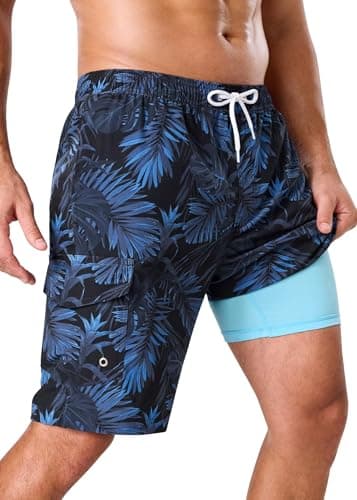 SILKWORLD 9inch Mens Swimming Trunks with Compression Liner 2-in-1 Swim Trunks Stretch Quick Dry Swim Shorts Zipper Pockets, Bluetropical, Large - Image 1