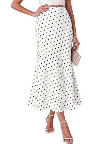 BTFBM Midi Skirts for Women 2026 Summer Spring Lightweight A Line High Waisted Wedding Guest Party Silk Long Skirt(Dot White Black, Large) - Image 1