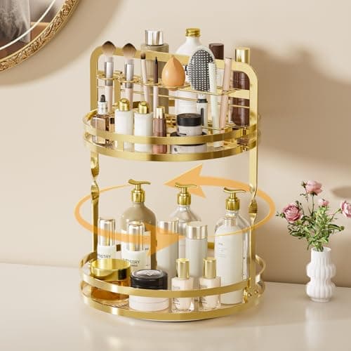 360° Rotating Makeup Organizer, 2-Tier Gold Perfume Organizer for Dresser, Bathroom Organizers Countertop, Perfume Shelf with Makeup Brush Holder, Skincare Holder Cosmetic Display(Gold) - Image 1