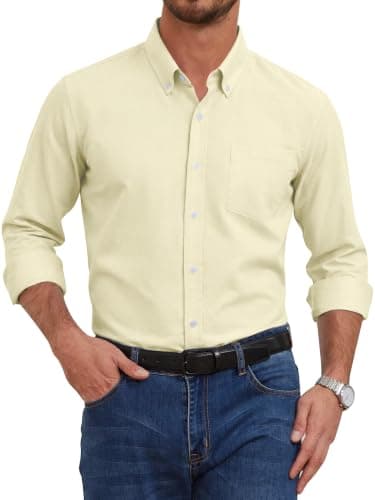 GIANZEN Grade 3.5 Wrinkle-Resistant Men's Cream Lightweight Oxford Dress Shirts Long Sleeve Business Casual Pocket Shirt Cream Size XXXXL - Image 1