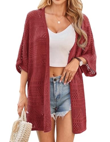 GRACE KARIN Womens Red Lightweight Summer Cardigan Short Sleeve Crochet Knit Kimono Cardigans Valentines Outfits XL - Image 1