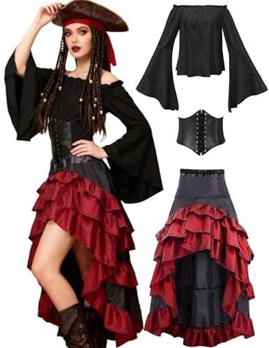 Verceco Pirate Costume Women with Renaissance Pirate Shirt Skirt Corset Waist Belt (Black+Red, M) - Image 1