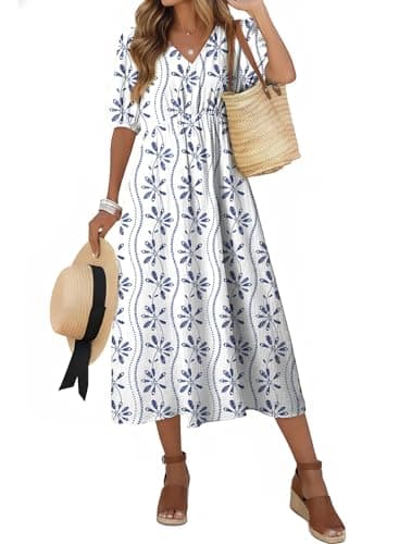 Dokotoo Women's Summer Boho Maxi Dress Short Sleeve V Neck Elastic High Waist Floral Casual Beach Vacation Clothes for Women 2026 Easter Casual Trendy Floral Flowy Sundress with Pockets Blue - Image 1