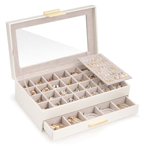 Lolalet Earring Storage Box Case with Glass Top, Large Earring Jewelry Holder Organizer Display with Drawer and Grid, Gift for Girls Women -2 Tiers, Cloud White - Image 1